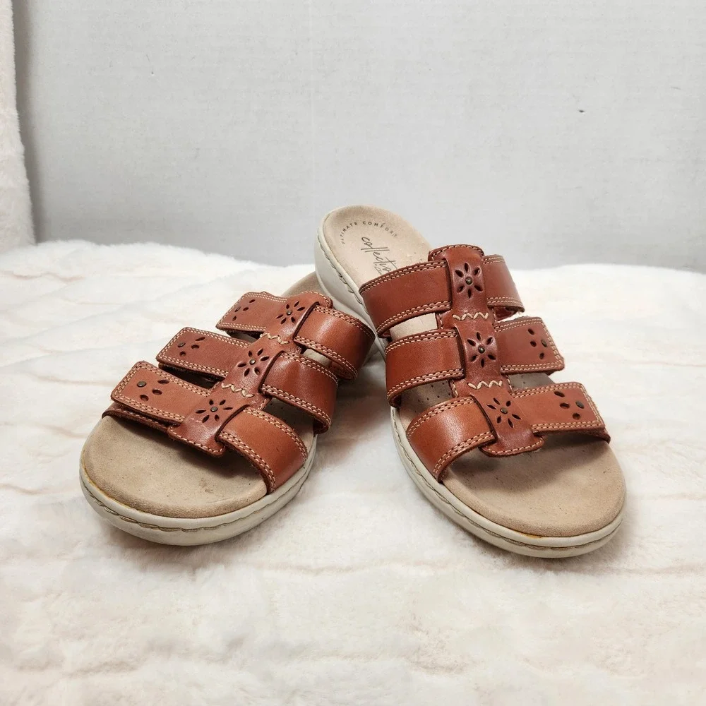 Clarks Collection Leisa Janna Tan Leather Slide Sandals Womens Sz 8 M Adjustable